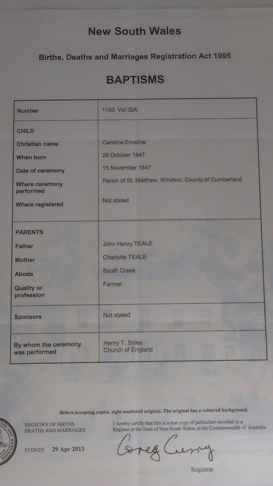 Baptism Caroline Emeline Teale