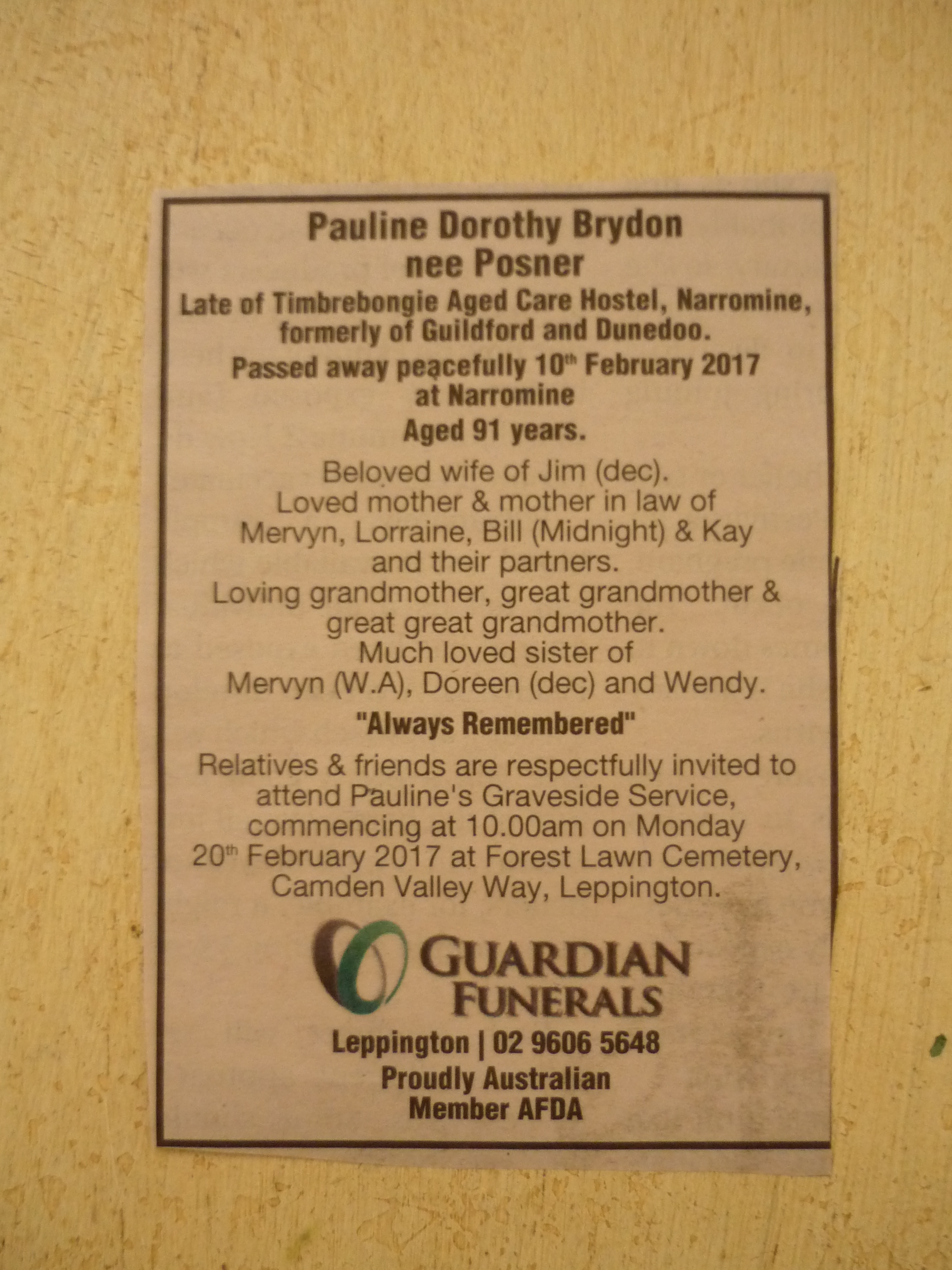 Pauline Brydon (nee Posner) Obituary Notice.JPG
